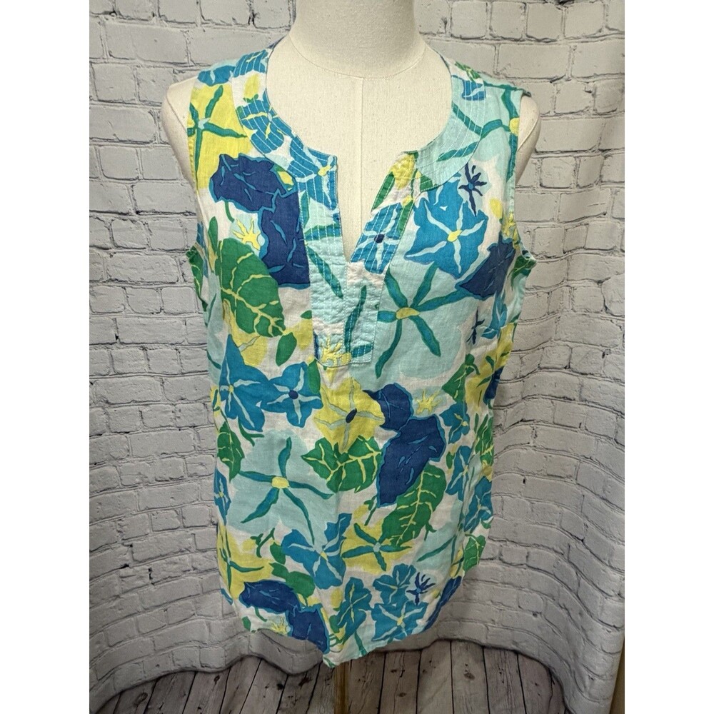 Talbots Top Linen Size Medium Sleeveless Sand dollars Multicolor Hibiscus